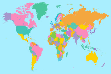 A colorful illustration of the world map with all countries clearly visible