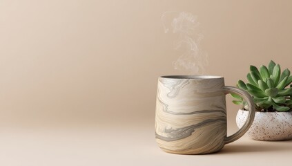 Beige mug with swirling design, steam rising, beside succulent plant