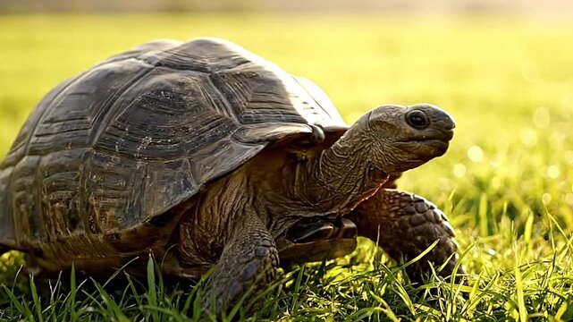 A tortoise walks through grass with its distinctive shell head and legs visible