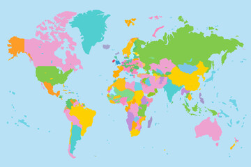 A colorful illustration of the world map with various countries in different colors