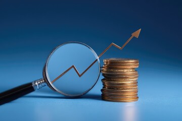 Magnifying glass over rising graph and coins