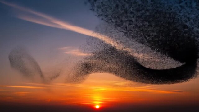 Mesmerizing swarm: A dynamic murmuration of starlings creating shapes against a fiery sunset sky