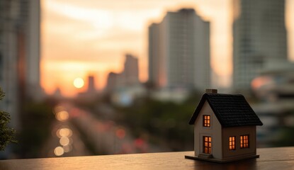 Miniature house on a table with a city sunset backdrop