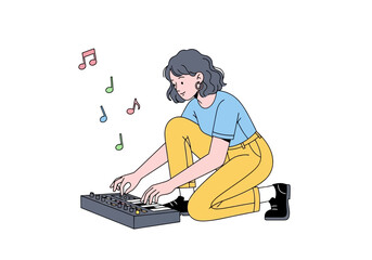 Vector art of young woman kneeling and playing a synthesizer with musical notes floating around her