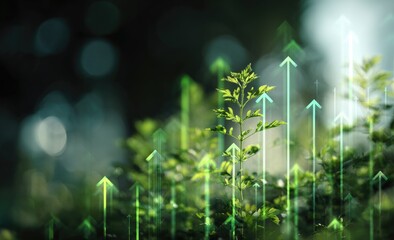 Green plants with upward-pointing arrows, suggesting growth and progress. Bokeh effect