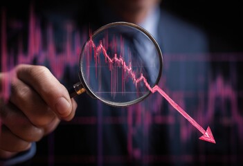 Businessperson examines a downward-trending stock chart through a magnifying glass