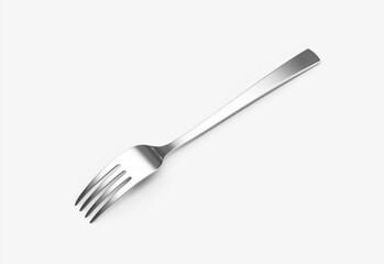 A sleek stainless steel fork with a reflective finish and a slightly curved handle. 3D Illustration