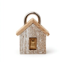 Wooden house-shaped padlock on white background