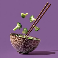 Broccoli florets levitate above a bowl of stir-fried broccoli, chopsticks reaching for the food