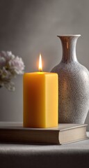 Burning yellow candle, vase, book