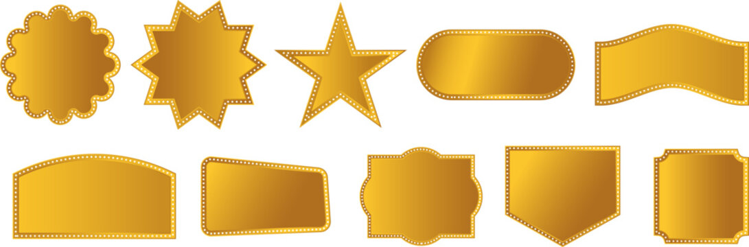 Golden shapes, starbursts, star shapes, banners, labels, stickers, tags, badges, elements, design, decoration, and graphics