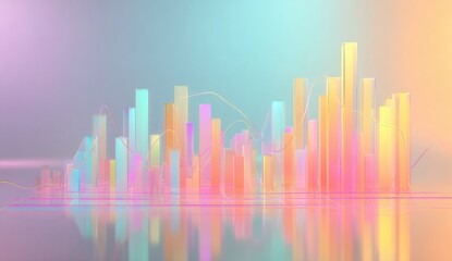 Abstract cityscape of translucent, colorful rectangular buildings, resembling data charts or graphs, reflected on a soft pastel-toned surface
