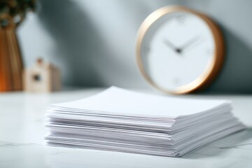 Stack of blank white papers on a table, with a clock in the background