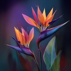 Two vibrant birds of paradise flowers in a soft, colorful style