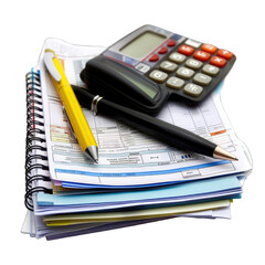 A stack of papers, a calculator, and pens sit atop one another.  The papers are various colors, including light blue, yellow, and pink. A spiral-bound notebook is visible. 