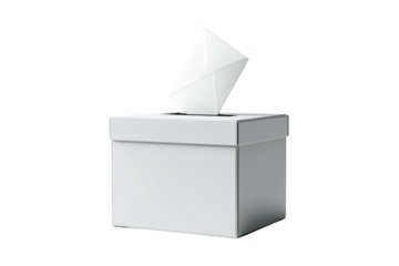White ballot box with paper ballot being inserted demonstrating election process and voting rights transparent background