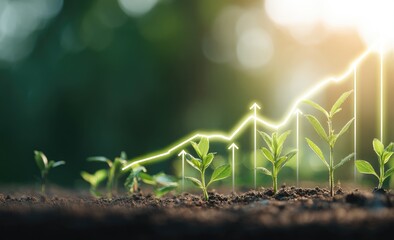 Growing graph overlaid on young plants in soil. Sunlight highlights upward trend