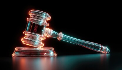 Glowing, transparent judge's gavel on dark background