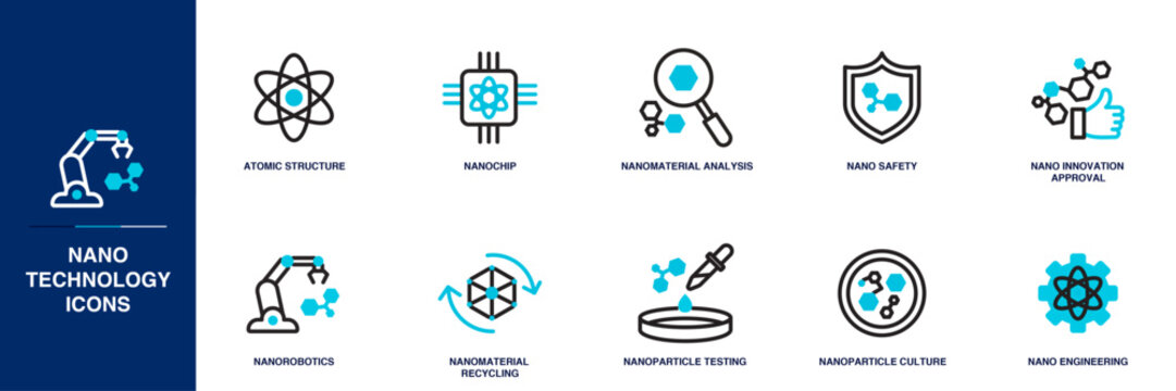 Nanotechnology Blue Colored Outline Icon Set