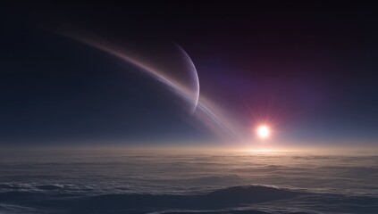 Alien planet with rings, sunrise