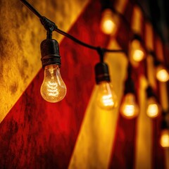 Warm Edison bulbs strung on a wire against a textured red and yellow backdrop