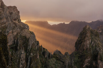 Beautiful fog and and mountain landscapes at Pico de Arieiro, Madeira, Portugal. 