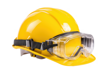 Yellow hard hat and safety goggles for construction worker protection and industrial safety gear transparent background
