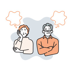 シンプル　イラスト　考え事をするシニアの男女　人物