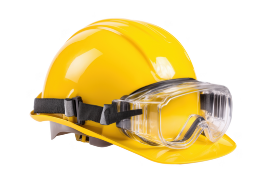 Yellow hard hat and safety goggles for construction worker protection and industrial safety gear transparent background