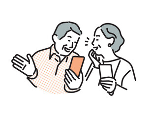 シンプル　イラスト　スマホを持って笑顔のシニアの男女　人物