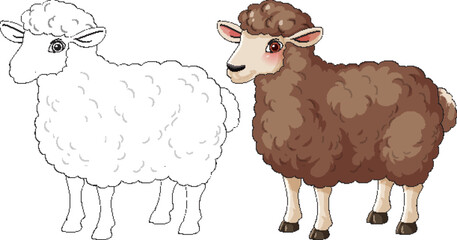 Brown Sheep Cartoon with Outline Coloring Version