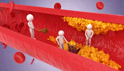 3D medical illustration of humanoid figures cleaning cholesterol plaque inside the artery