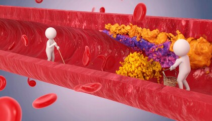 3D medical illustration of humanoid figures cleaning cholesterol plaque inside the artery