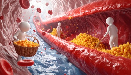 3D medical illustration of humanoid figures cleaning cholesterol plaque inside the artery