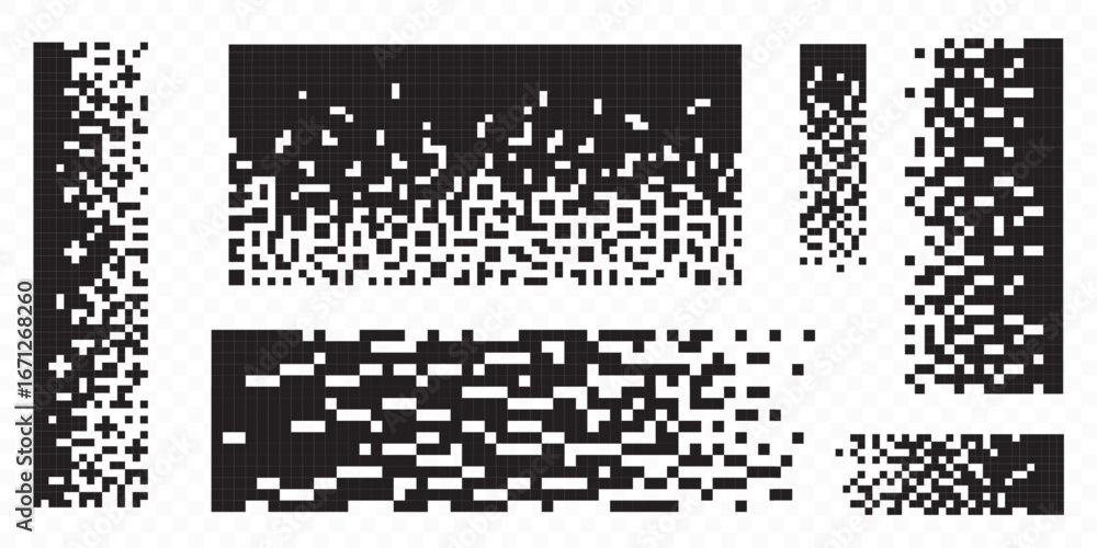 Poster cube pixel pattern transitions with monochrome square elements dissolving from black blocks into whi