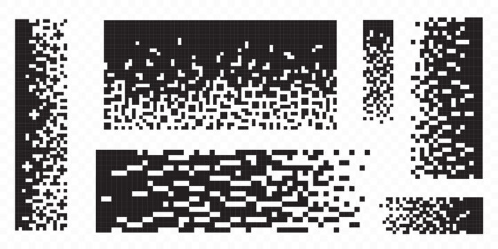 Cube pixel pattern transitions with monochrome square elements dissolving from black blocks into white fragments. Digital halftone effects of geometric dissolution textures for modern graphic design