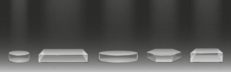 Obraz na płótnie Canvas Museum glass box platforms with square, circular and hexagon shapes for display showcases. Transparent pedestals or exhibition reflective bases for gallery presentations and collectibles.