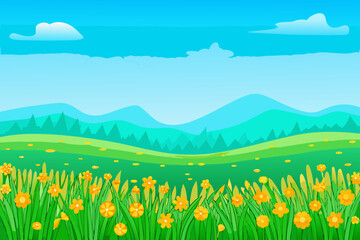 Fototapeta premium a field of yellow flowers under a blue sky with white clouds
