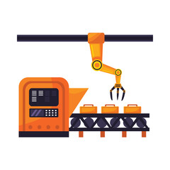 Robotic Production Line with Automated Arm operating on a conveyor system, efficiently handling and arranging goods for mass production.