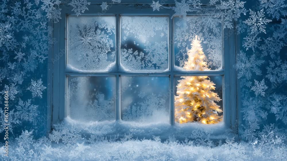 Aufkleber frosted window scene with glowing christmas tree and delicate snowflakes creating a winter wonderlan
