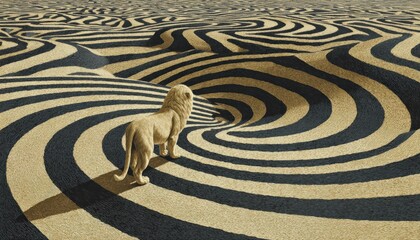 Majestic Lion Standing on Surreal Spiral Sand Dunes with Bold Black Stripes Creating an Optical Illusion in a Vast Desertlion