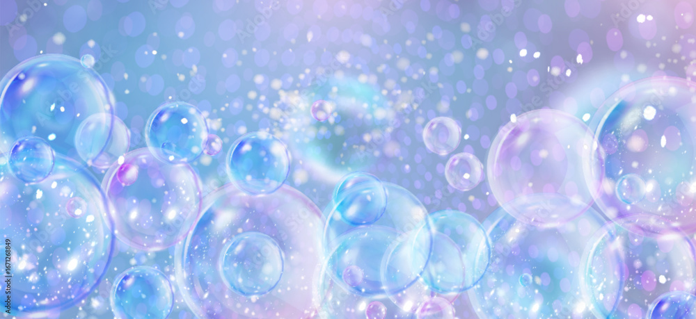 Poster floating sparkle bubble spheres with iridescent reflections and glowing particles on pastel gradient