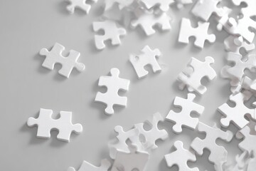 Scattered white puzzle pieces on light gray surface
