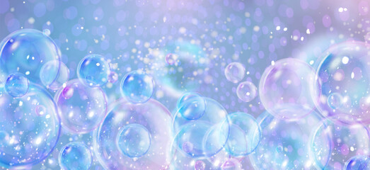 Floating sparkle bubble spheres with iridescent reflections and glowing particles on pastel gradient background. Transparent orbs on blue and purple dreamy bg - magical design with bokeh effects.