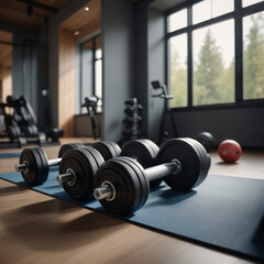 モダンなホームジムに、ヨガマットとダンベルが並ぶ様子