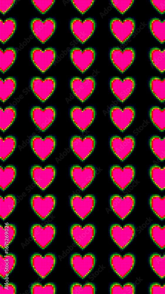 Fototapete seamless 4k loop animation of abstract 8 bit heart pattern made of dots, romantic animation pixel ar