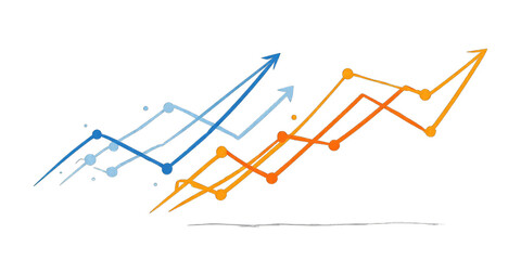 Two overlapping upward trending lines, in blue and orange, with dotted lines connecting points