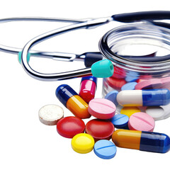 Medical pills and a stethoscope in a glass jar.  Colorful pharmaceutical medicine capsules and tablets are scattered around a clear glass jar with a teal-colored lid. 