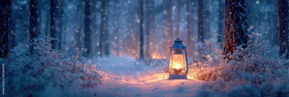Poster winter forest path illuminated by a lantern with snowflakes falling gently in twilight