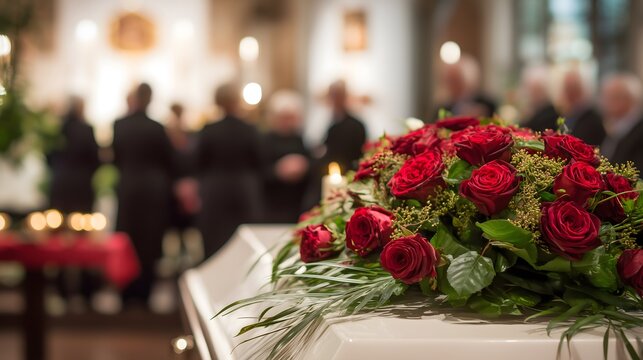 Funeral ceremony with coffin decorated with red rose flowers, mourners in church paying tribute, concept of loss, remembrance, grief, and final farewell
